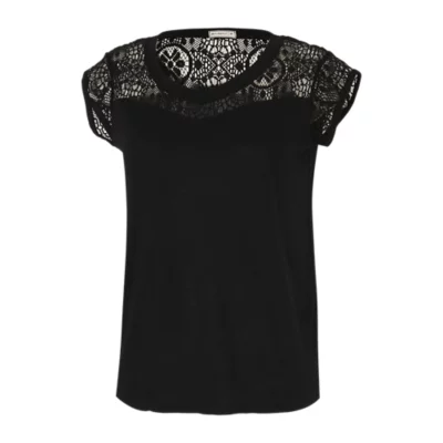 T-Shirt Noir Cache Cache Femme - Manches Courtes Avec Dentelle - Taille 1 - Occasion TBE